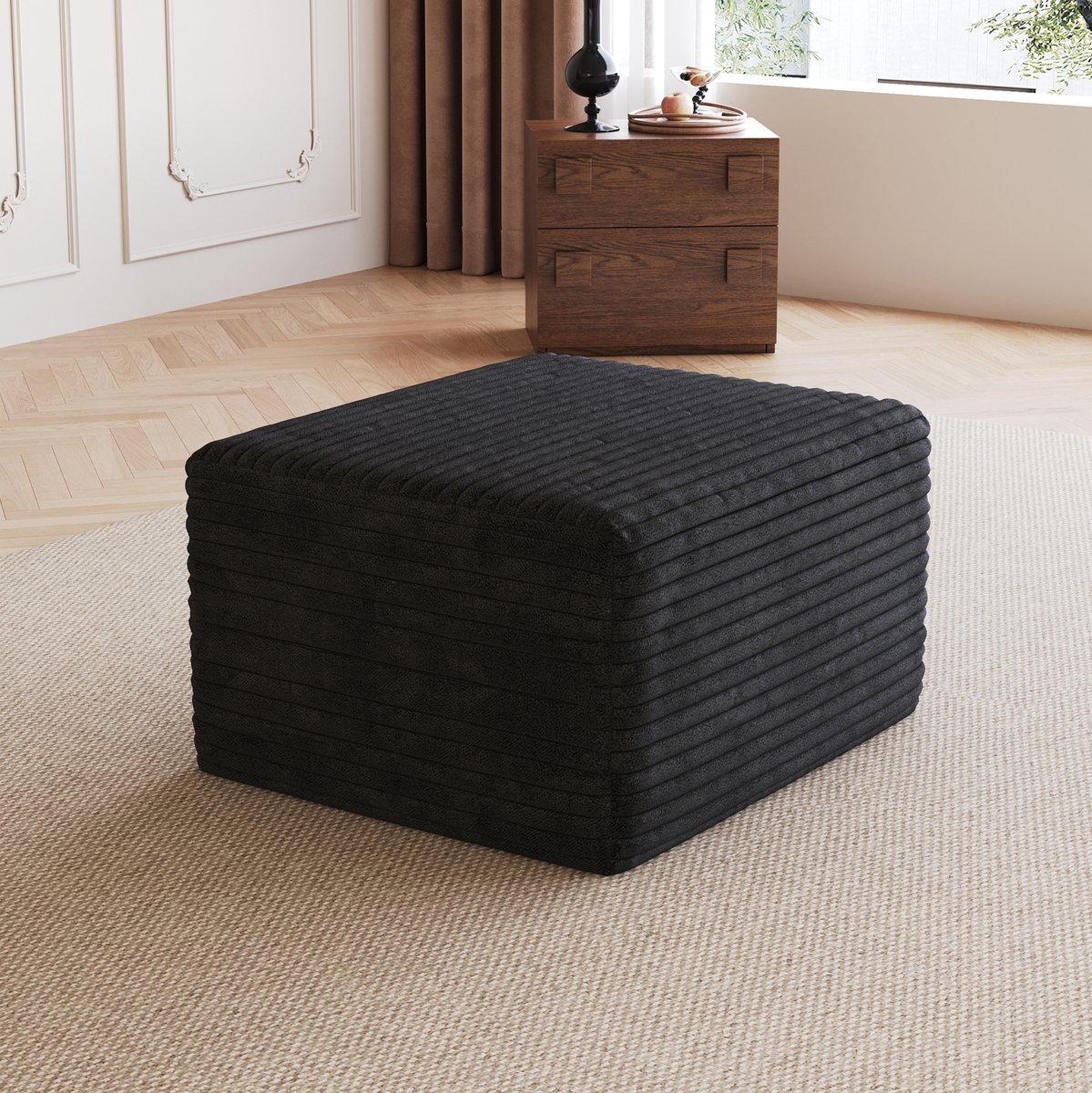 MIVRAY Voetenbankje 65 x 60 x 38 cm Modern Rechthoekig Comfortabele Zachte Corduroy Look Voor Woonkamer En Slaapkamer Stof Zwart
