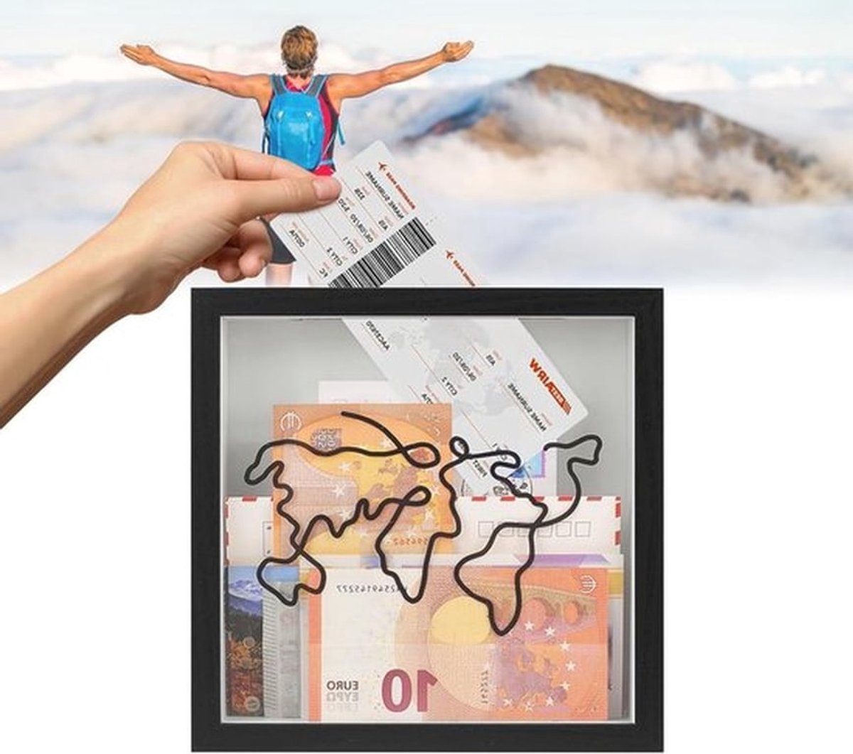 Reisavonturen Archiefdoos, Schaduwdoos voor Tickets met Wereldkaart Ontwerp, Herinneringen Bewaren en Presenteren (1 Stuk, 8×8 Inch)