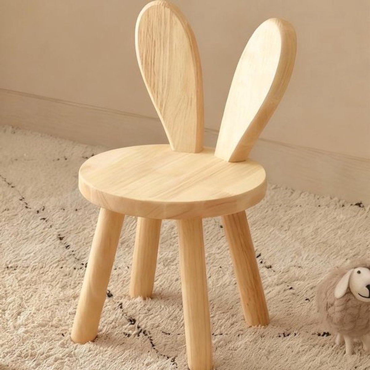 Massief houten kinderstoel met konijnenoren, 45 x Ø26 cm, ideaal voor kleuterschool en speeltijd, comfortabele voetenbank en rugleuning