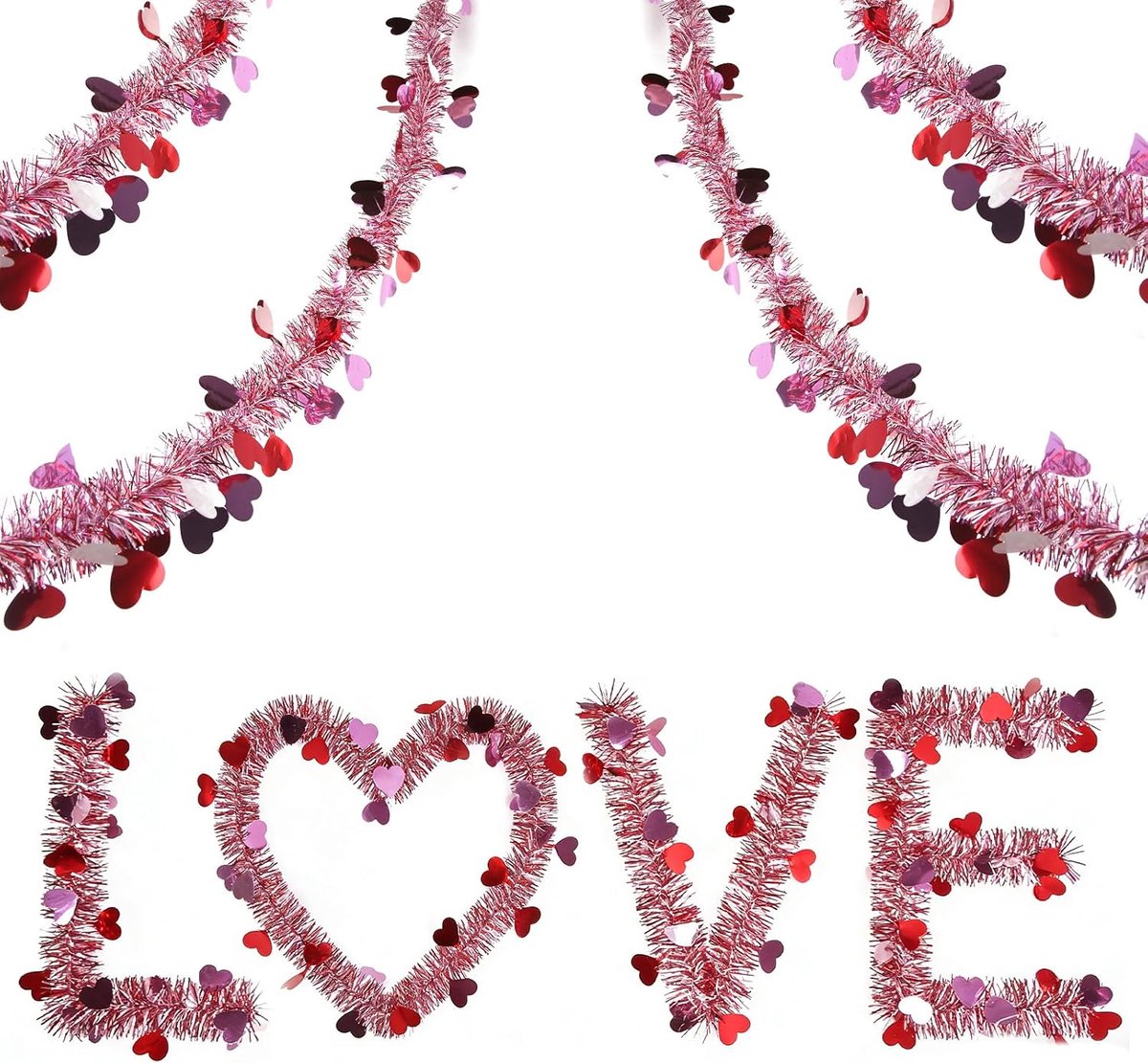 SnelShoppen - Lametta Roze Garland 12m met Hangend Hart voor Valentijnsdag - Feestelijke Decoraties voor Bruiloften en Romantische Gelegenheden