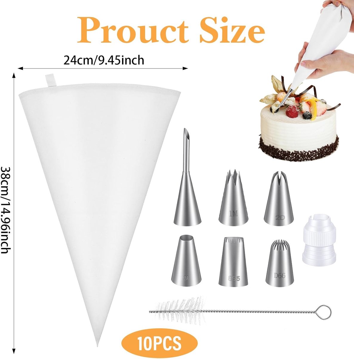SnelShoppen - Pack van 10 Herbruikbare Spuitzakken Set, 2 Stuks 38 cm Spuitzakken Inclusief Mondstukken, Professionele Roomzakken voor Taartdecoratie,