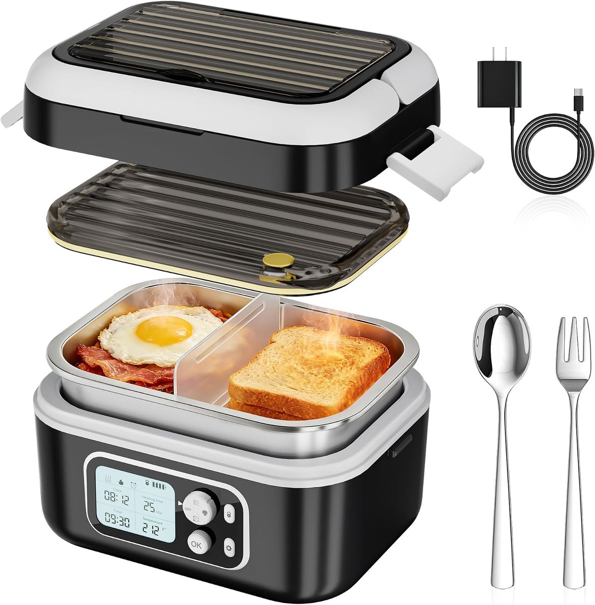 Elektrische lunchbox 1500 ml - verwarmd met batterij - digitale display - warm eten onderweg - ShopVlot