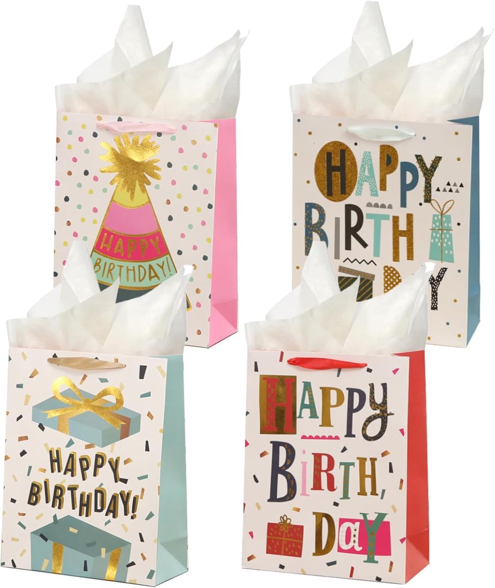 SnelShoppen - Geschenkzakjes voor Verjaardag 4 Stuks met Zijdepapier, Cadeautasje met Hengsels, 23 x 18 x 10 cm, Party, Verjaardagsverpakking, Feest,