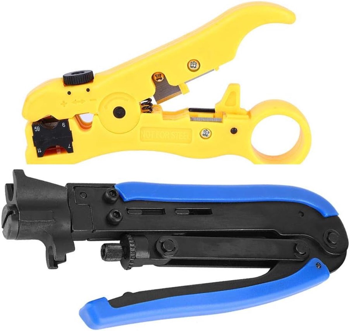 SnelShoppen - 2pcs Coaxiale Kabel Strip- en Crimp Tool Set - Multifunctionele Stripping Pliers met Verstelbare Bladspanning - Geel en Blauw - Voor Kab