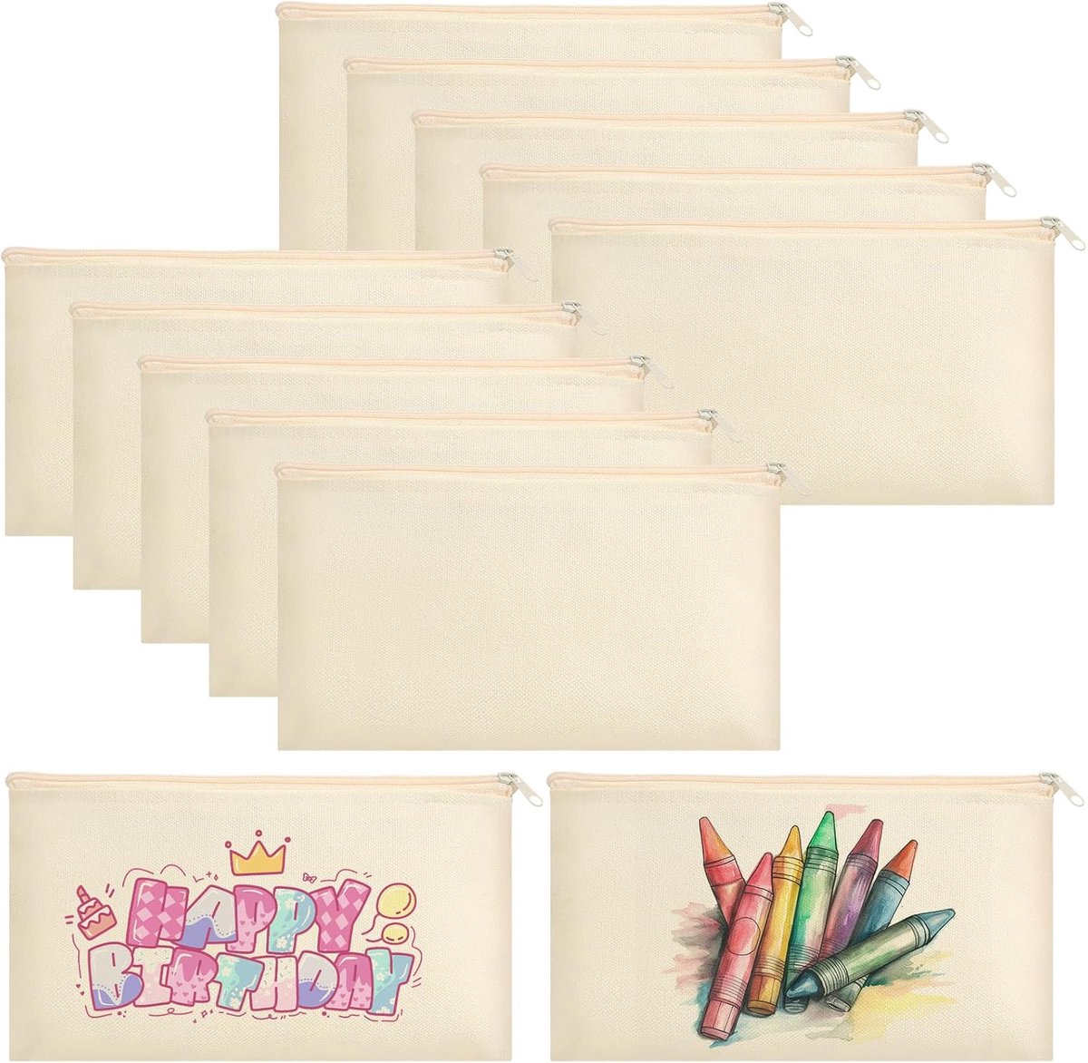 SnelShoppen - 12 Stuks Lege Stofzakken voor Schilderen met Rits, Kleine Make-up Tasjes, DIY Blanko Stofzakken voor Kinderfeestjes, Beige, Creatieve Ac
