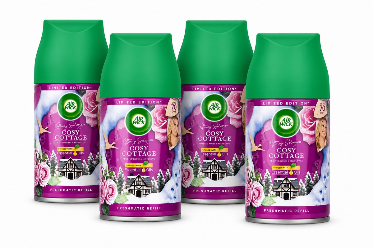 Air Wick Freshmatic Navulling Cosy Cottage – Frosted Roses & Mistletoe – 4 x 250 ml – Automatische Luchtverfrisser – Voordeelverpakking