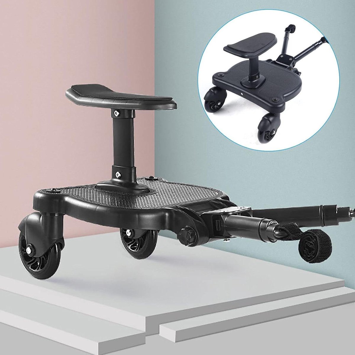 Meerijdplank met zitting - Kinderwagen plank - Extra kind mee - Universele montage - Max 25 kg - Zwart