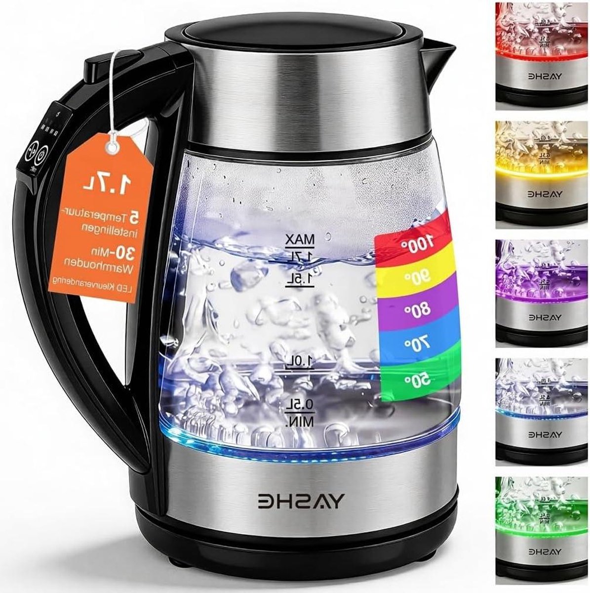 Elektrische Waterkoker - Snelkoker Glas - Drankjes Bereiden - Variabele Temperatuur - 1.7 Liter - Grijs