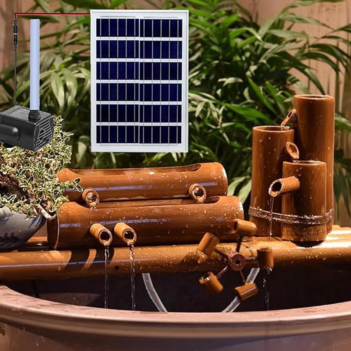 Bamboe Waterval Set - Tuinfontein Solar - Ontspannen Sfeer Creëren - Handgemaakt Natuurlijk Bamboe - 40 cm Hoog - Natuurlijk Bamboe