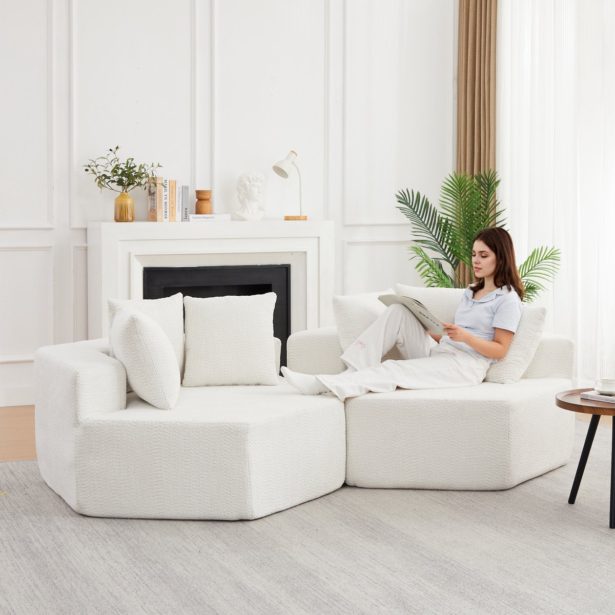 FloraGrace Modulaire Zitbank – Hexagonale 1-Zits Loungestoel Met 3 Kussens – Zachte Chenille – Voor Woonkamer – Beige