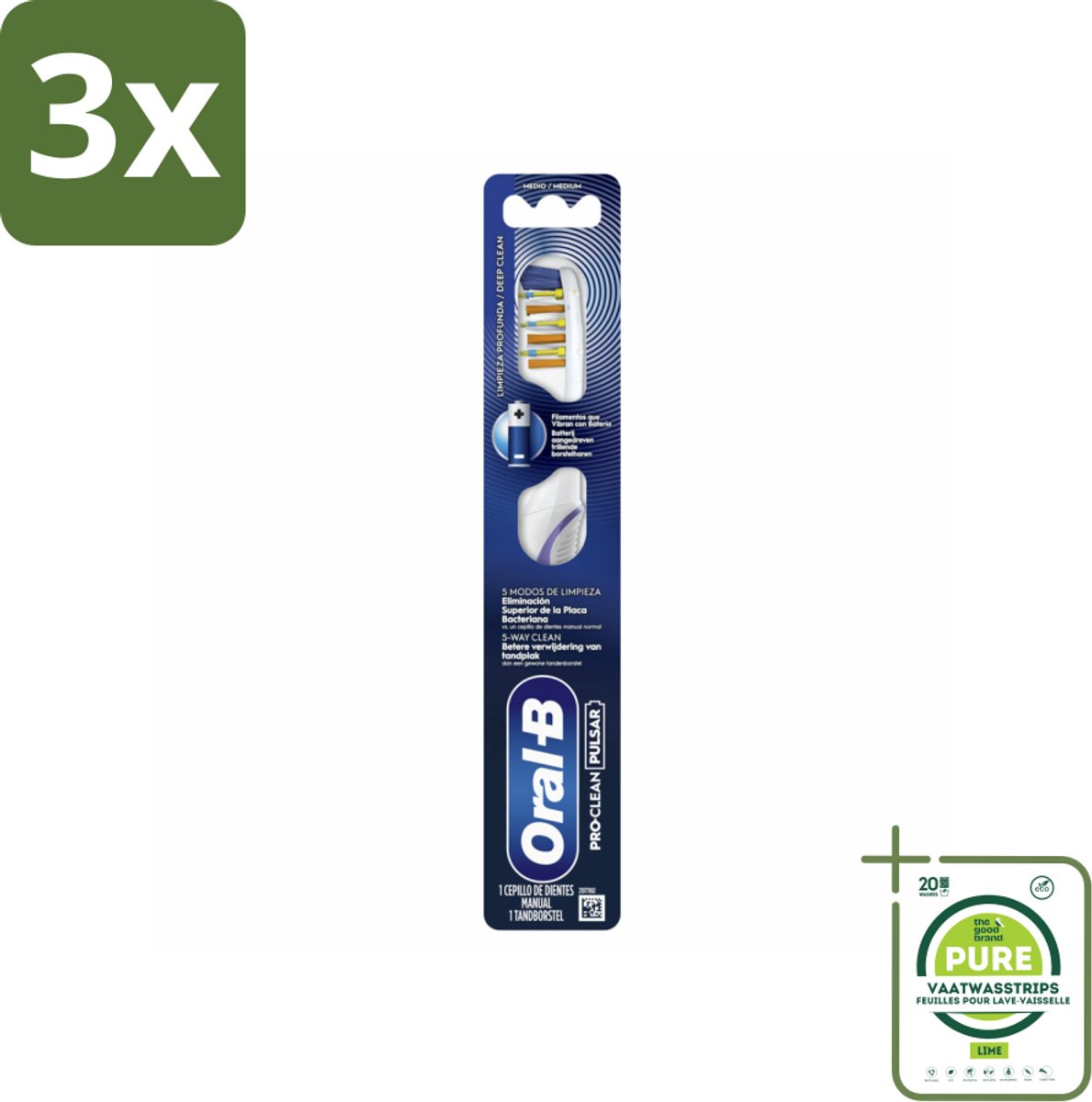 3 x Oral-B - Pro-Clean Pulsar – Tandenborstel – Medium – Manueel - Grootverpakking - Tandenborstel - Tandenborstel Batterij - Tandenborstel Elektrisch - Tandenborstel Met Trilling - Tandenborstel Met Power Tip