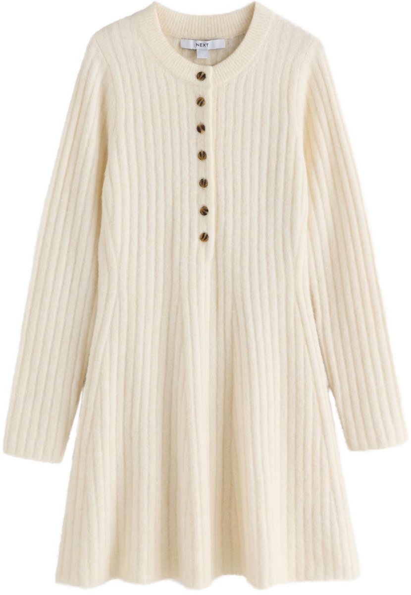 Next - Dames - Ribgebreide Henley-mini-jurk - Crème