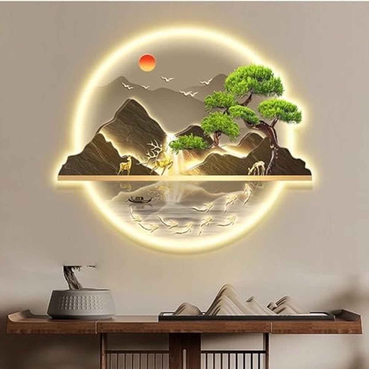 Metalen Wandsculptuur - Wanddecoratie 3D - Interieur Verfraaien - Met LED Verlichting - 60 x 72 cm - Zilver