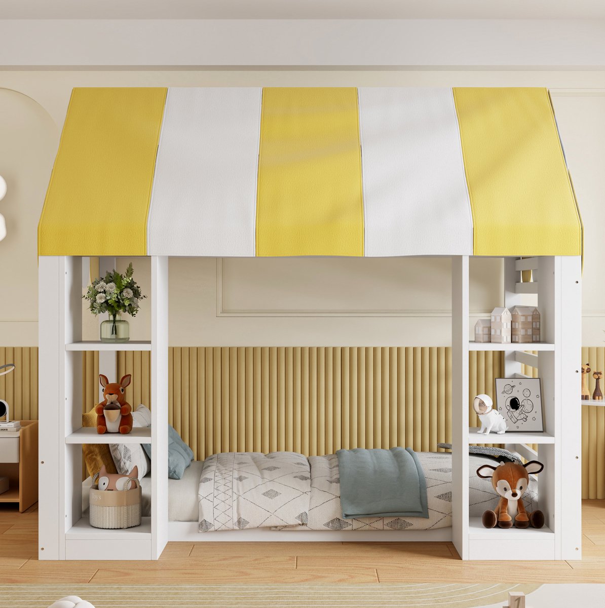 MIVRAY Kinderbed 90x200cm - Hemelbed Met Opbergruimte - Hoogslaper Voor Kinderen - Hout - Wit