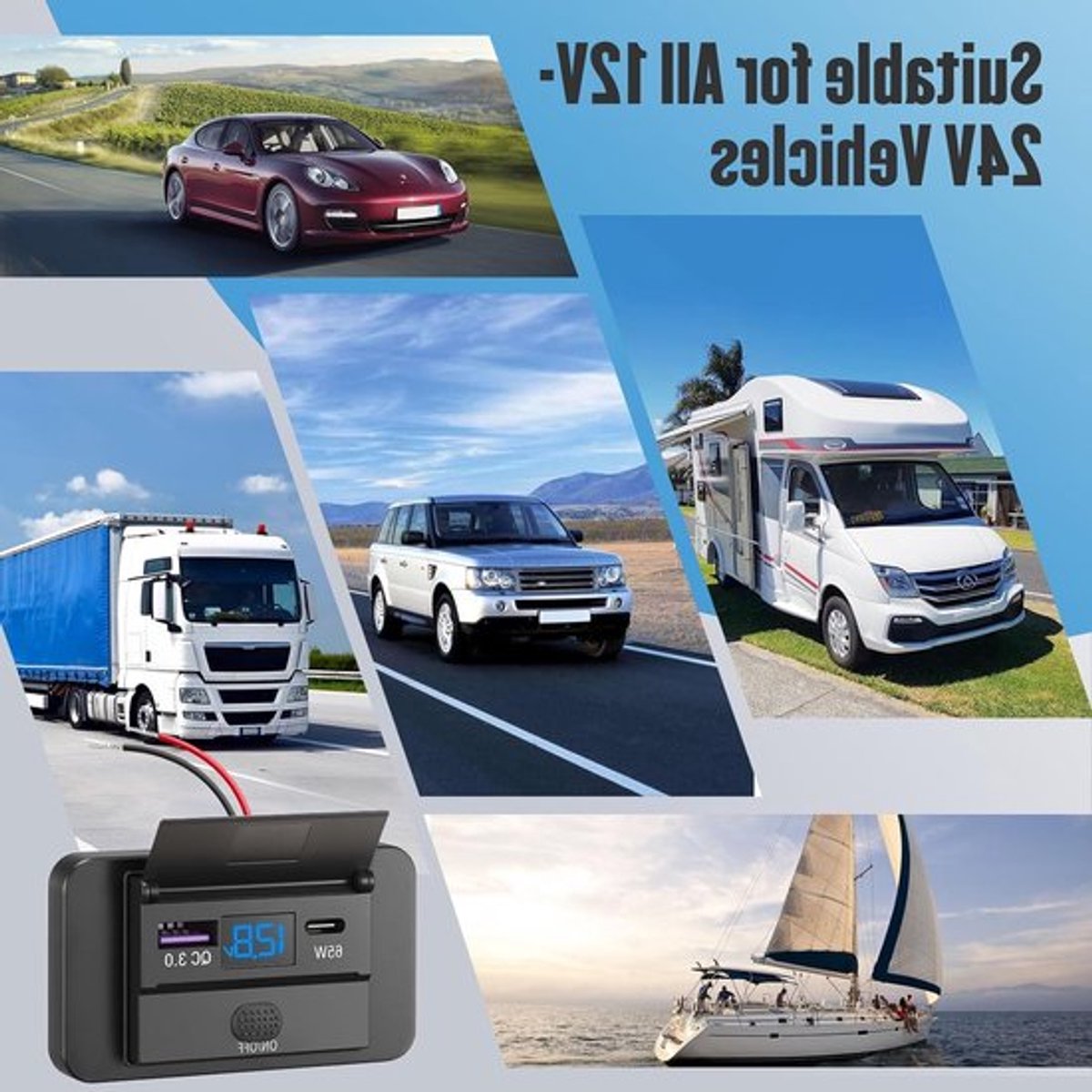 12V USB C Oplaadpoort Auto Lader voor Mobiele Telefoons - Snelladen 65W PD3.0, 18W QC3.0, Waterdicht met Digitale Voltmeter en Schakelaar voor Auto, Boot en Camper – foto 3