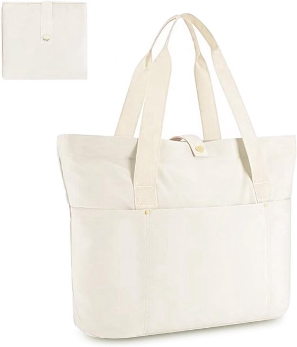 Grote Vouwbare Shopper Handtas voor Vrouwen, Waterdichte Strandtas met Rits en Vakken, Ideaal voor Reizen en Dagelijks Gebruik, Beige, 41.5 x 15.2 x 29.2 cm