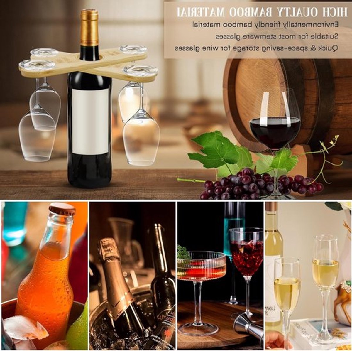 Houten Wijnglas Houder, Set van 2, Bamboe, Hangende Glazenstandaard voor 4 Glazen, Ideaal voor Keuken en Bar, Perfect voor Wijnliefhebbers en Feestjes — cadeau in Kookcadeaus - foto 5