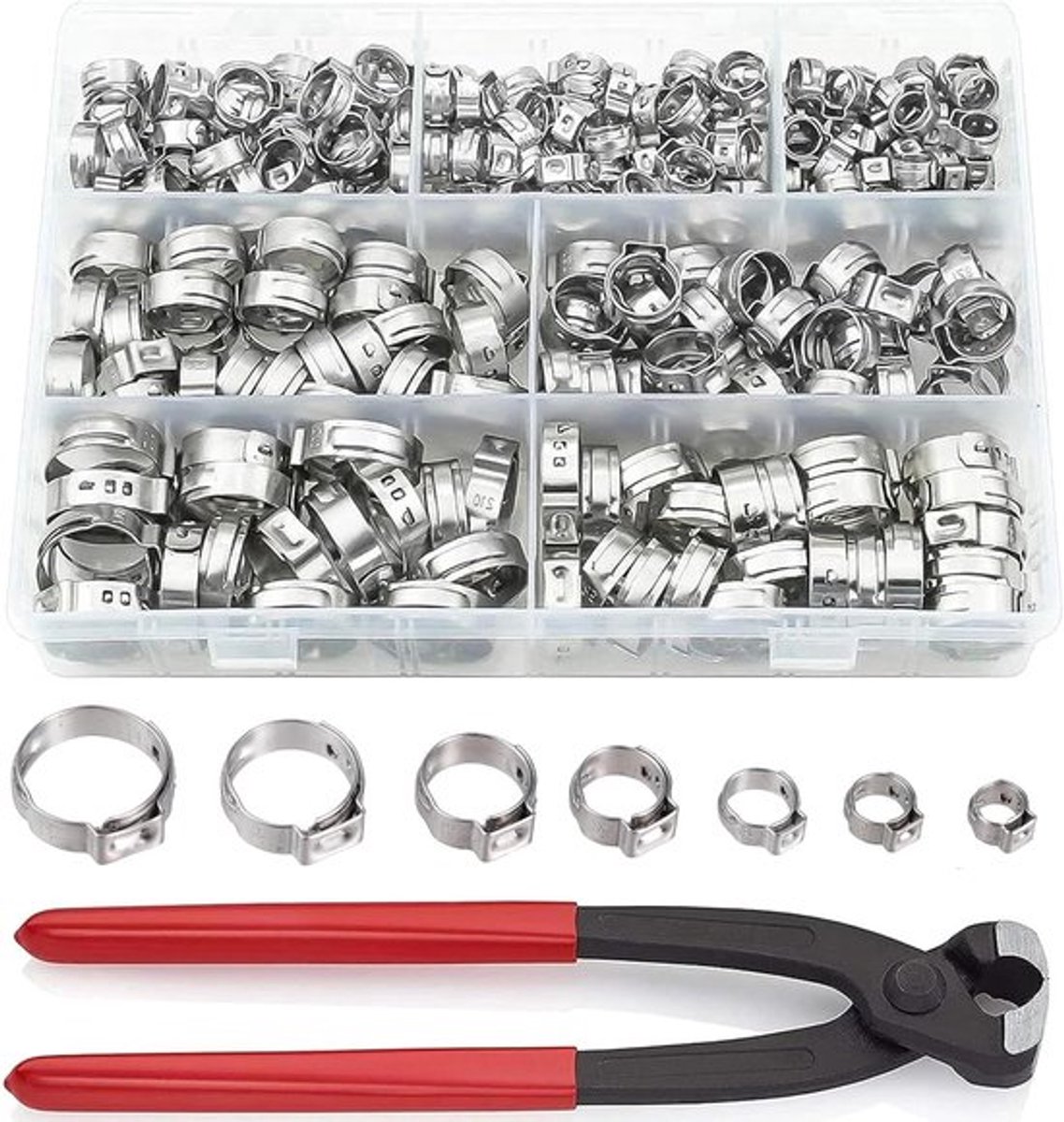 150 Stuks Enkelzijdige Slangklemmen met Pliers - RVS Slangklemmen Set voor Brandstofleidingen - Inclusief 360° Pliers Kit met 9 Maten van 6-25.6mm
