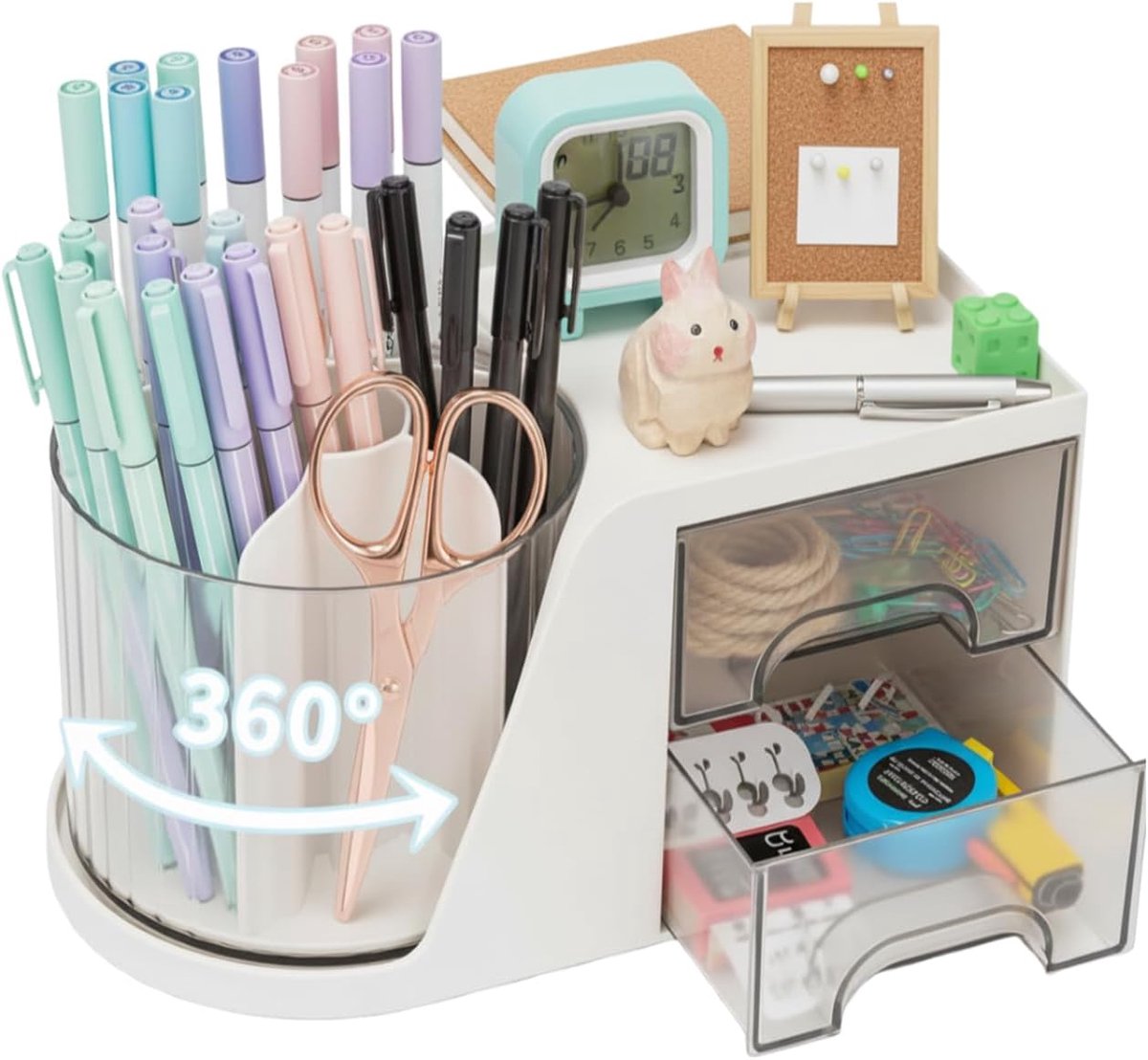 Desk Organiser with Compartments and 2 Drawers, 360° Rotating for Office, School, Home, Multifunctional Writing - ShopVlot