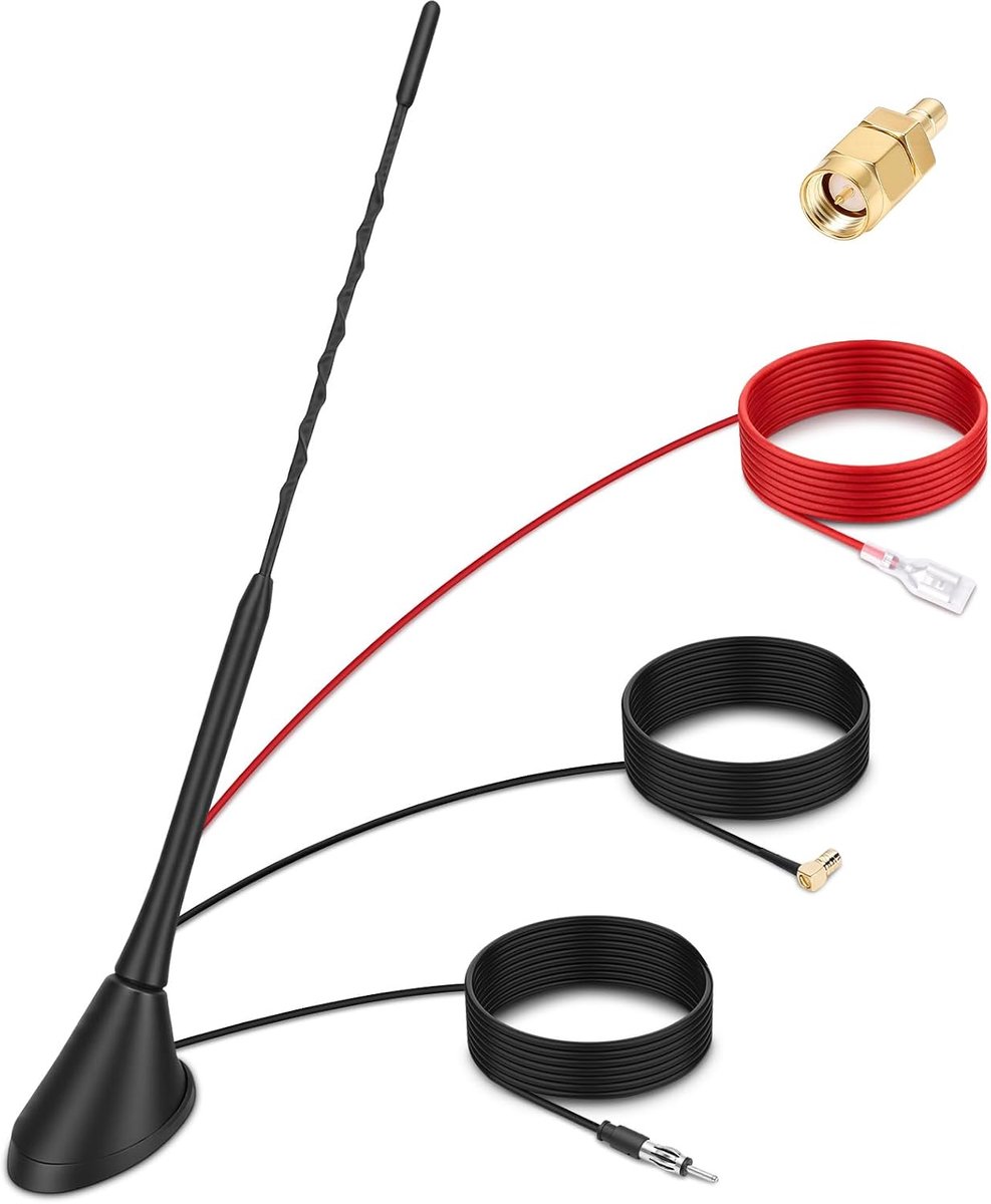 SnelShoppen - DAB Antenne met 5m Coaxkabel voor Auto, Versterkte Muurmontage, SMB DIN Plug, Upgrade voor DAB+ en FM/AM Radio
