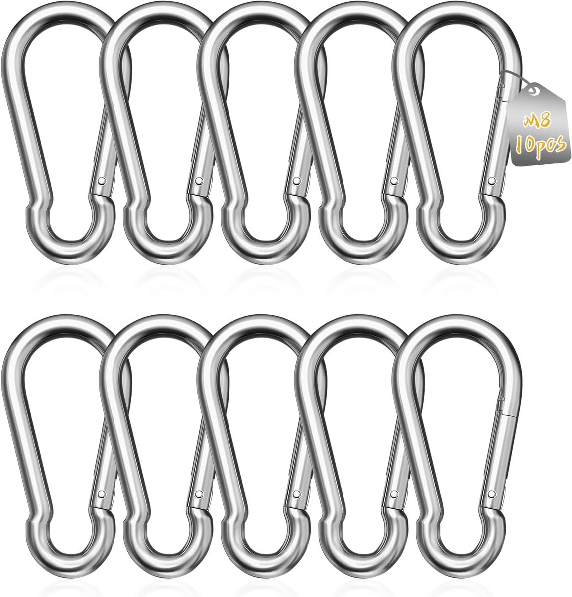 SnelShoppen - RVS Carabiner Haak 80mm x φ8mm Super Groot 10 Stuks - M8 Carabiner Roestvrij Staal Hoge Laadcapaciteit 250kg Haak voor Camping, Tuin, Ki