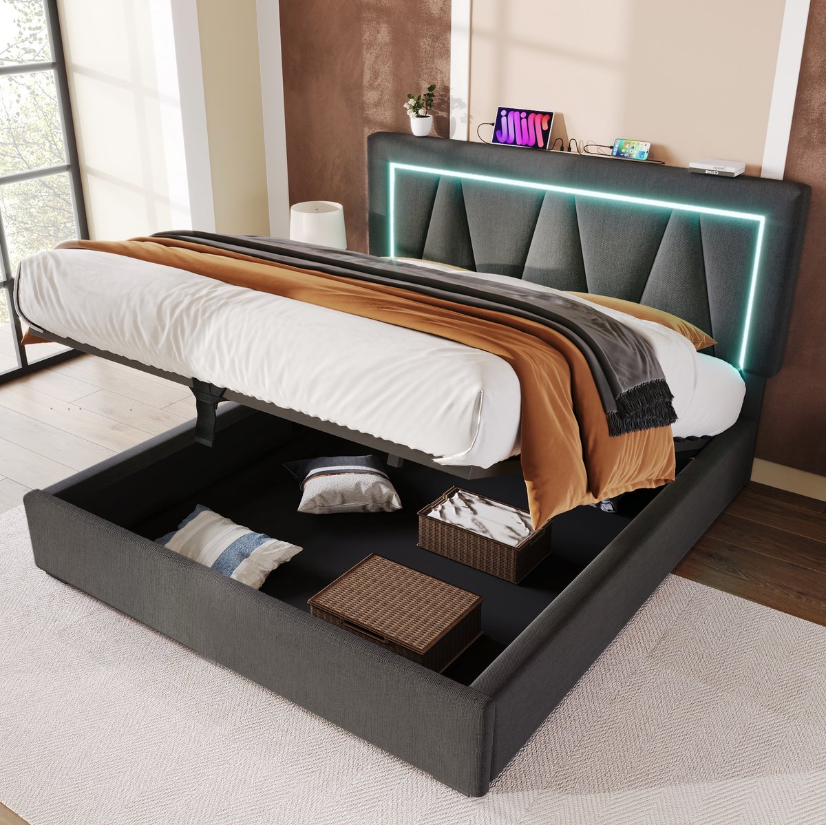REDOM - Bedframe met opbergruimte en LED-verlichting - Verstelbaar hoofdeinde - Lattenbodem - USB- en USB-C-oplaadfunctie - Modern - Slaapkamer - Stof en metaal - Grijs - 160 x 200 cm