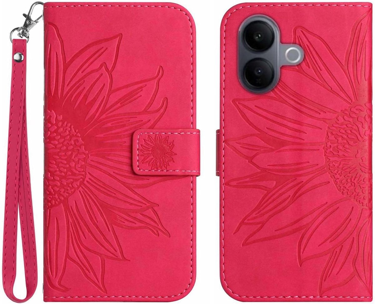 SnelShoppen - BORYA Beschermhoes Vivo V60 Lite 5G/4G voor dames, PU-leer, zonnebloemenprint, schokbestendig, magneetsluiting, kaartsleuven, roze, mult