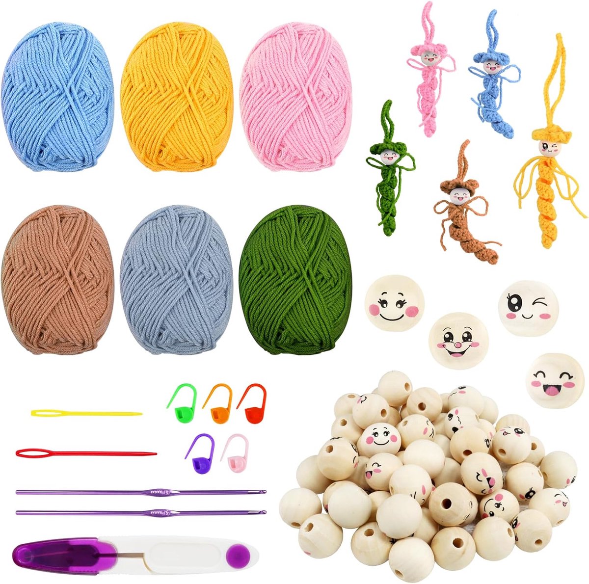 SnelShoppen - Zorgwormen Haakset, Gelukkige Wormen, Haakset met Instructies, 40 Houten Ballen met Gezicht, 20 mm, 6 Kleurrijke Haakgarens, Haaknaalden