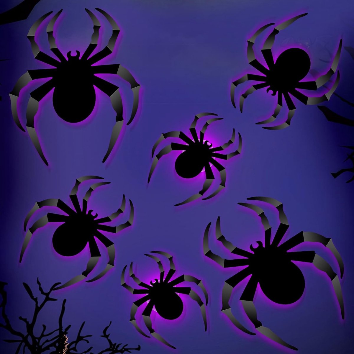 SnelShoppen - LED Halloween Decoratie Spinnen Stickers, 24 Stuks 3D Spinnen Versiering, Paars Halloween LED Lichten, Gothic Raamdecoratie voor Feest