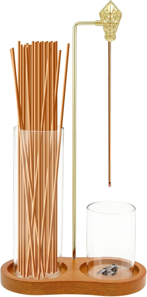 SnelShoppen - 2-in-1 Wierookhouder met Glazen Asopvang en Achtvormige Houten Basis - Wierookbrander voor Yoga, Meditatie, Thuis, Kantoor, Vintage Deco