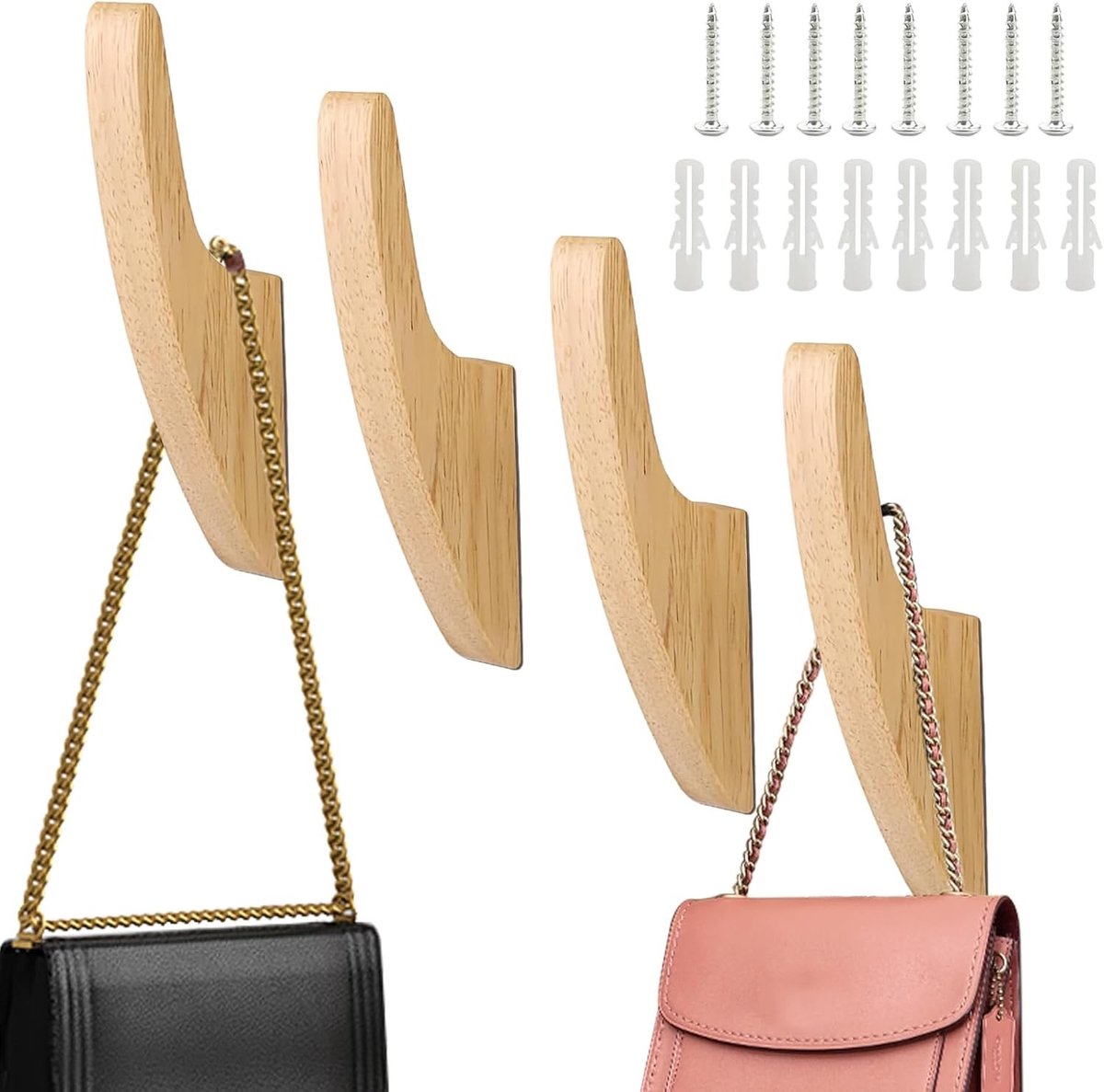 Garderobehaken - Houtkleur - Eikenhout - Set van 4 Multifunctionele Wandhaken - Voor Kleding en Accessoires