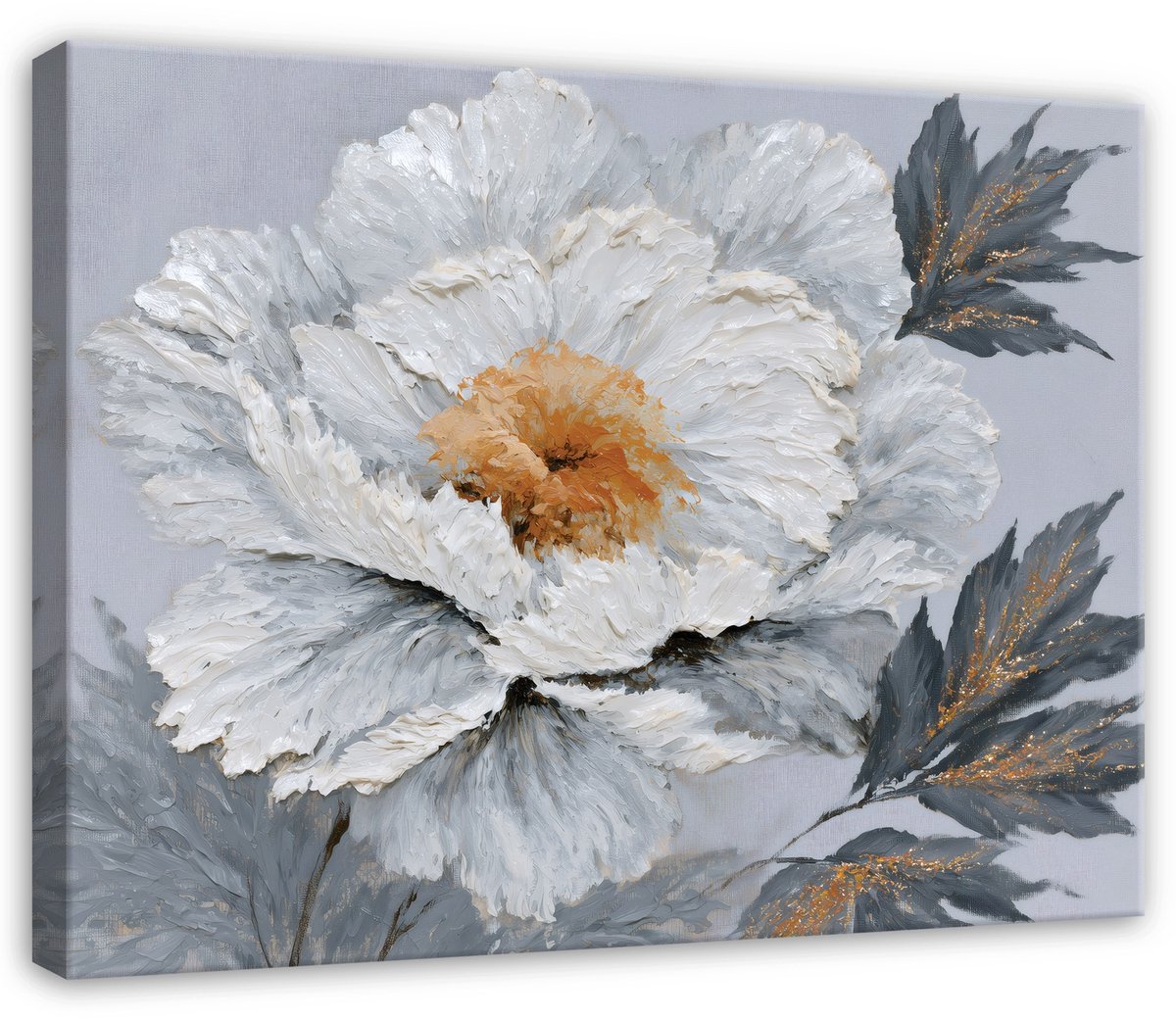 WALLARENA Canvas schilderij 90x60 cm - witte pioenrozen in glamourstijl Grijs