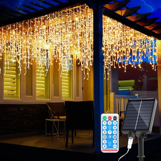 Solar LED-Lichtgordijn 10 m met 400 LEDs, LED gordijn Warmwit, 8 Lichtmodi en Timer, IP44 IJspegelverlichting met Transparante Kabel voor Binnen en Buiten