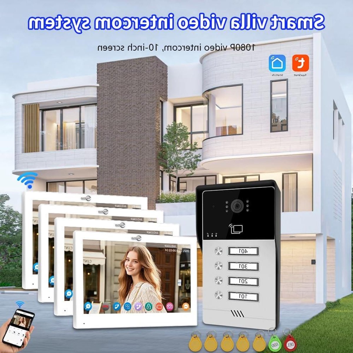Video Deurbel Set - Intercom Systeem Camera - Toegangscontrole Huis - 10 Inch Touchscreen Monitor - 2/3/4 Appartement - Zwart