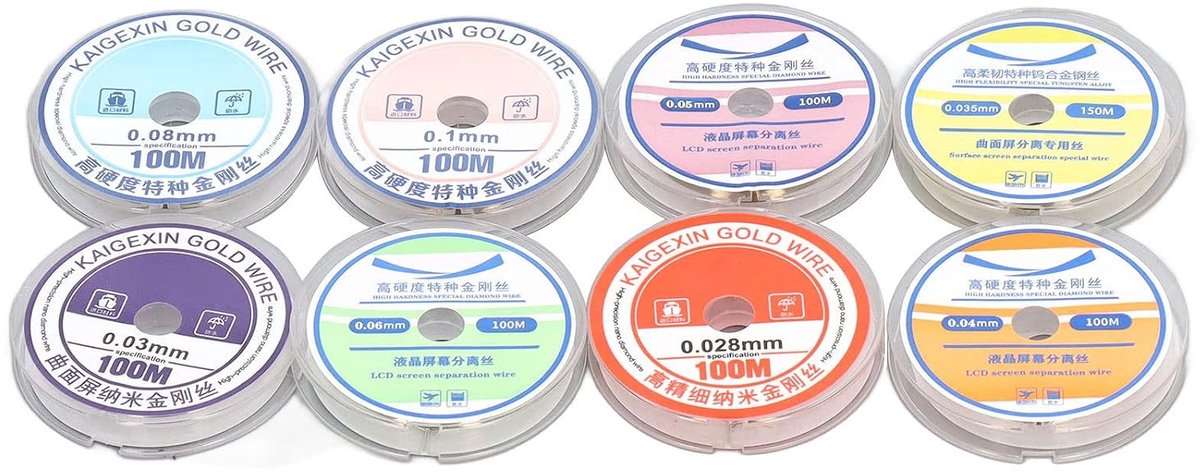 SnelShoppen - 8 Stuks Snijdraad Scheidingsdraad Assortiment 0.02-0.1mm voor LCD Schermen, Tungsten Legering Staal, 100m en 150m Rollen, Professioneel