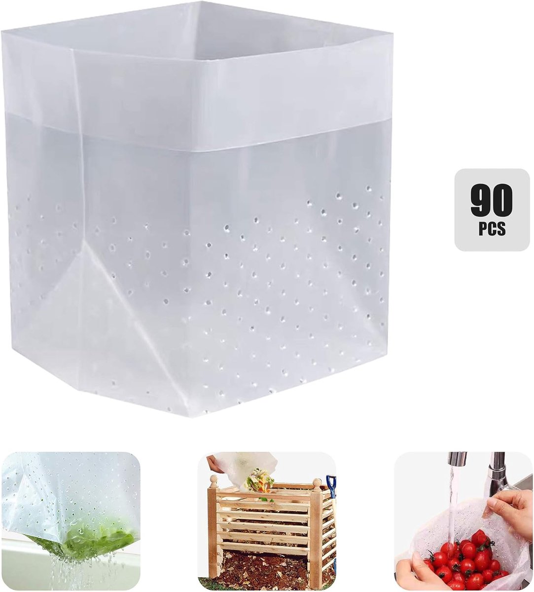 LISM-Eenvoudige, herbruikbare plastic afval- en composteerzakken Geschikt voor huishoudelijk gebruik, ook Geschikt voor het buiten wassen van groenten en fruit (90 stuks).