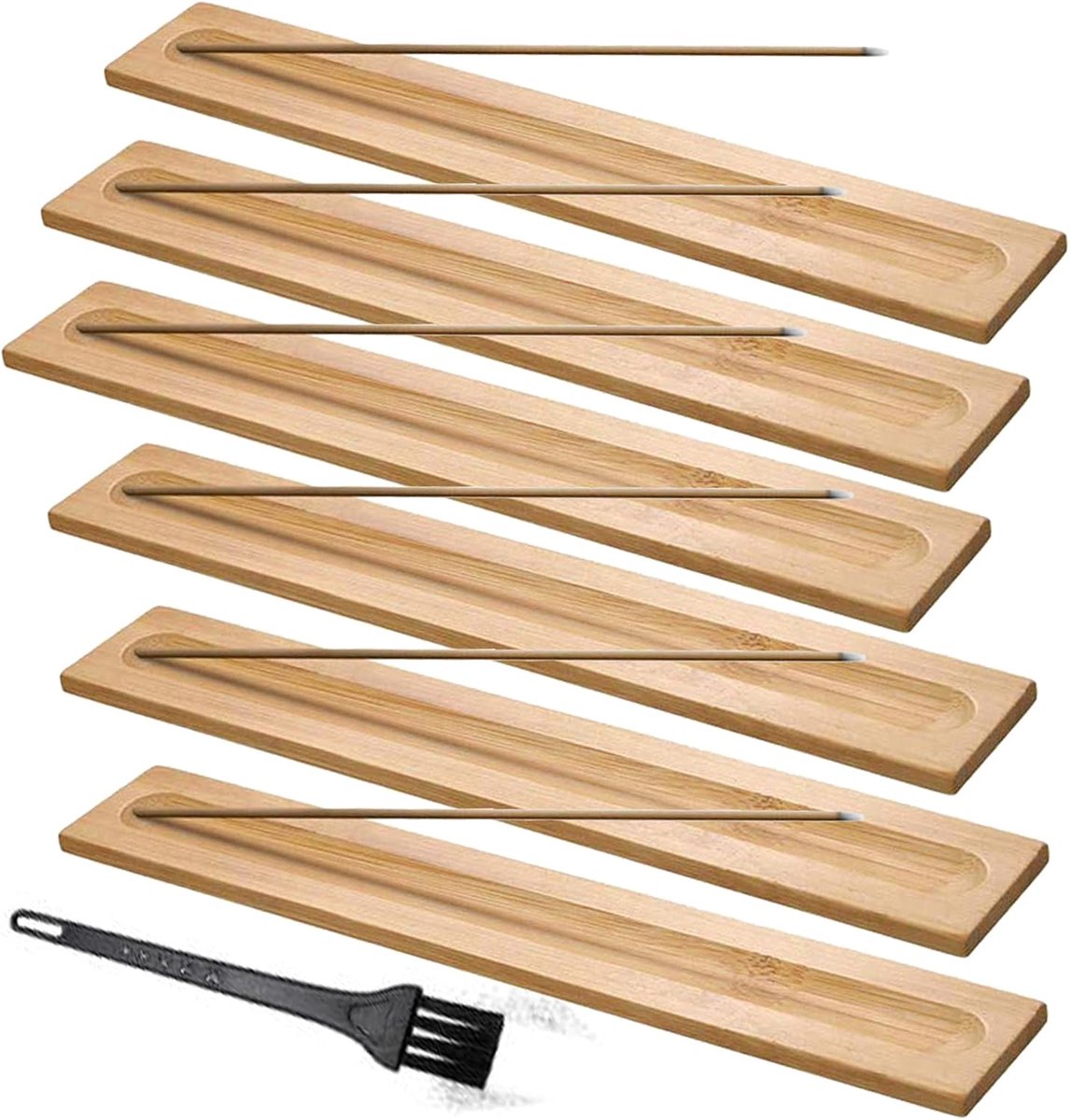SnelShoppen - Houten Incense Stick Houder Set van 6 - 23 cm Incense Burner met 1 Reinigingsborstel - Duurzaam en Milieuvriendelijk Bamboe voor Thuis,