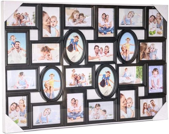 Zwarte fotolijst met 25 vakken voor foto's, 86.5 x 58 cm.