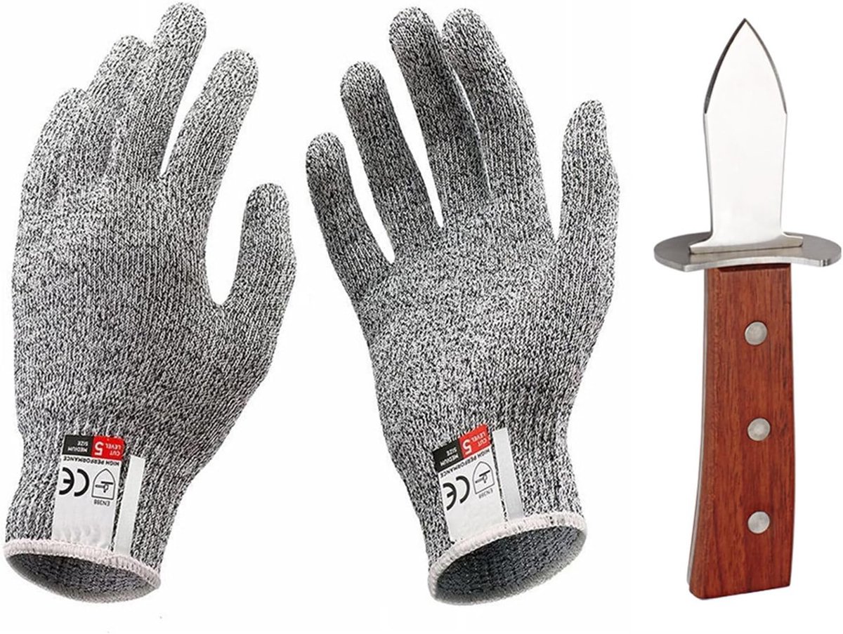 Oyster Knife Set, Oyster Shucker, Oyster Opener with Red Pear Wood Handle and 1 Pair Level 5 Cut Resistant Gloves - ShopVlot