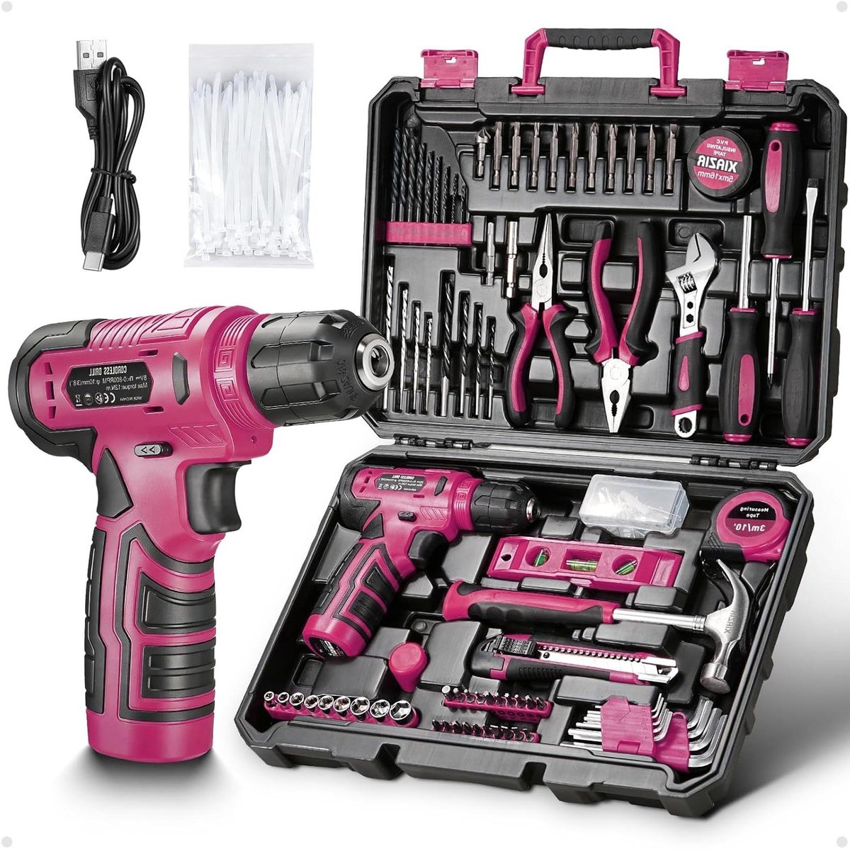 Gereedschapsset met boormachine - Doe-het-zelf set - Huishoudelijke reparaties - 233-delig compleet - 1500 mAh batterij - Roze