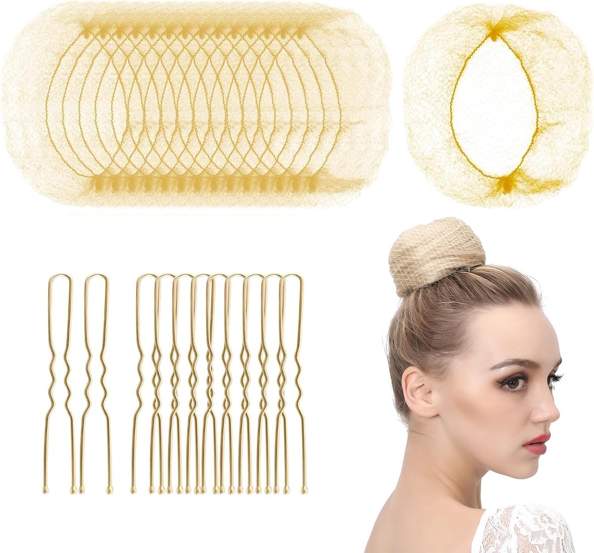 Haarnet Blonde 50 Stuks - Elastisch Mesh Haarnet voor Bollen - Inclusief 20 Stuks Gouden Haarspelden - ShopVlot