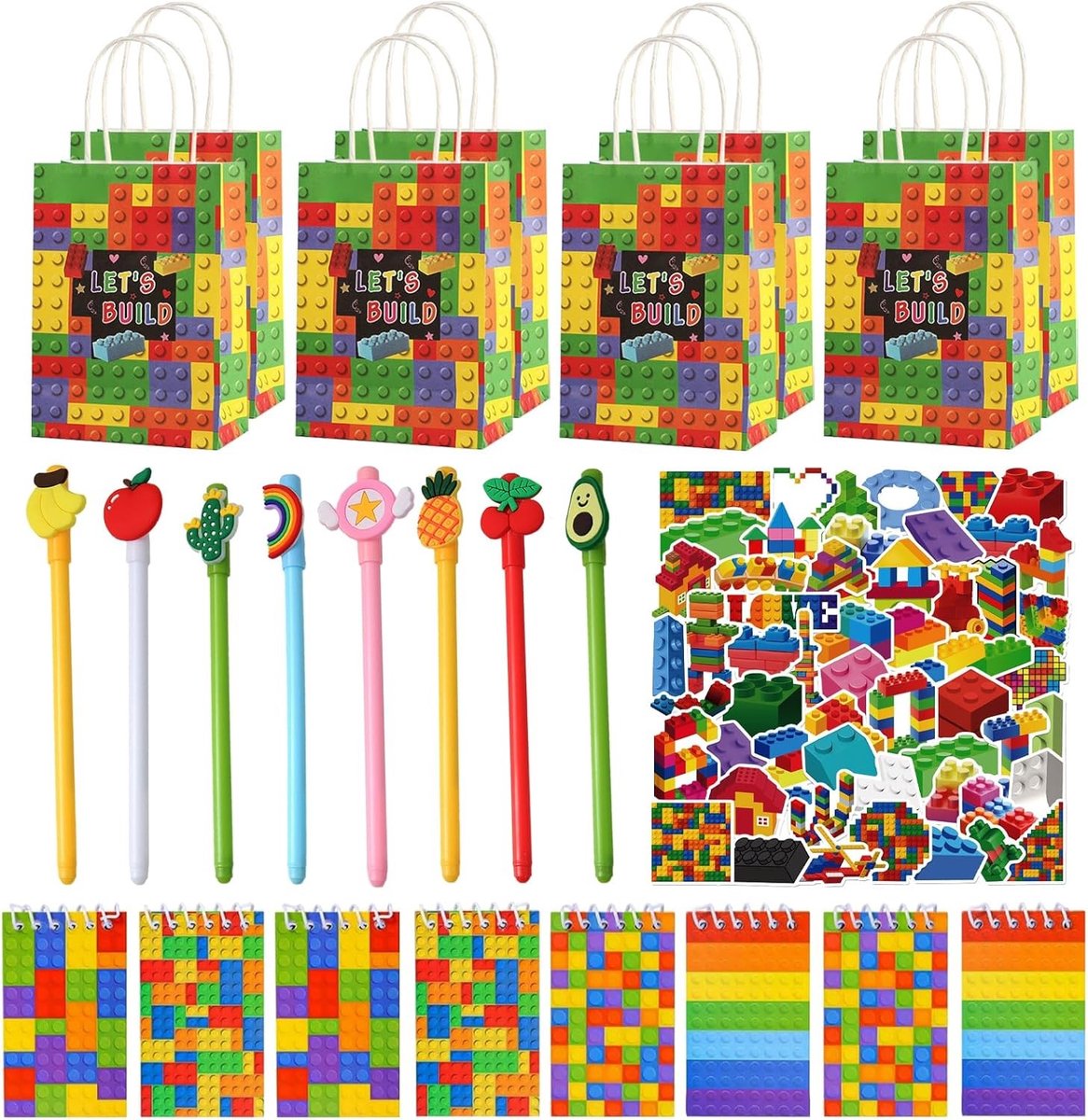 Creatieve bouwblokken set met 74 stukken, verjaardagscadeau voor kinderen, inclusief notitieboekjes, stickers en geschenkzakken