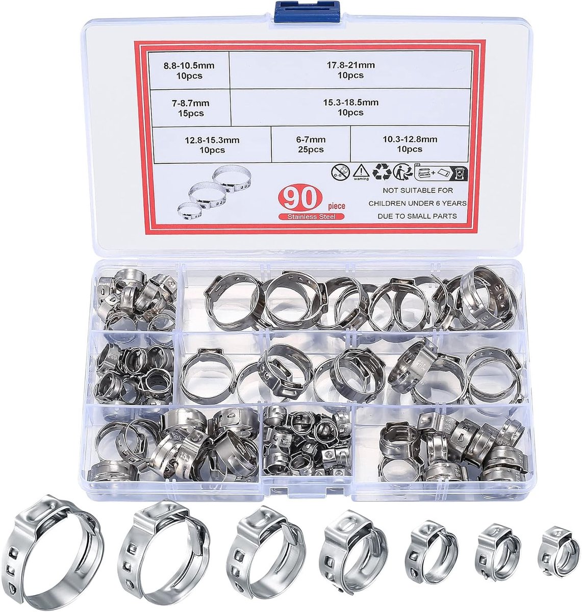 Complete Set van 90 Slangklemmen van RVS, Worm Gear en Ear Klemmen voor Zwembaden, Auto's en Luchtkanalen