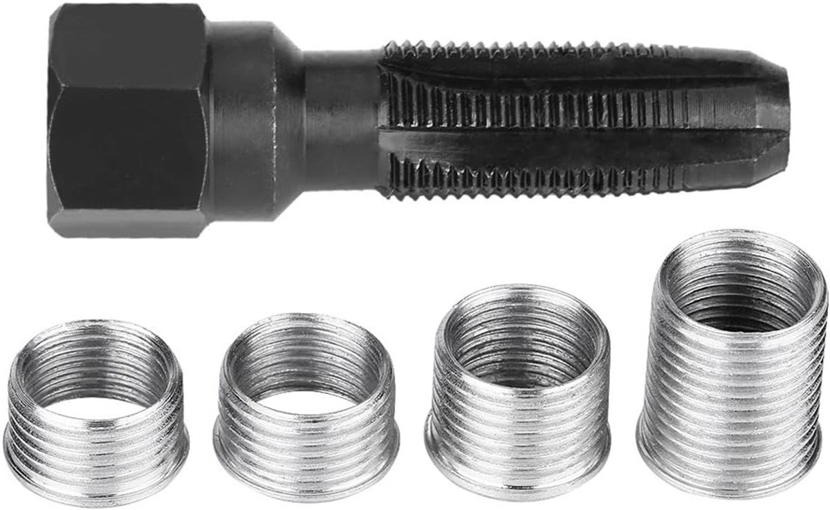SnelShoppen - Spark Plug Schroef Draad Reparatie Set - 5 Delige Carbon Staal Bougiekabel Gereedschap met 4 Stuks 14mm Gloeiplug Schroef Draad Reparati