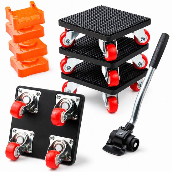 Set meubelrollers met hefboom en hefblokken. Zwarte rollers met rode wielen.