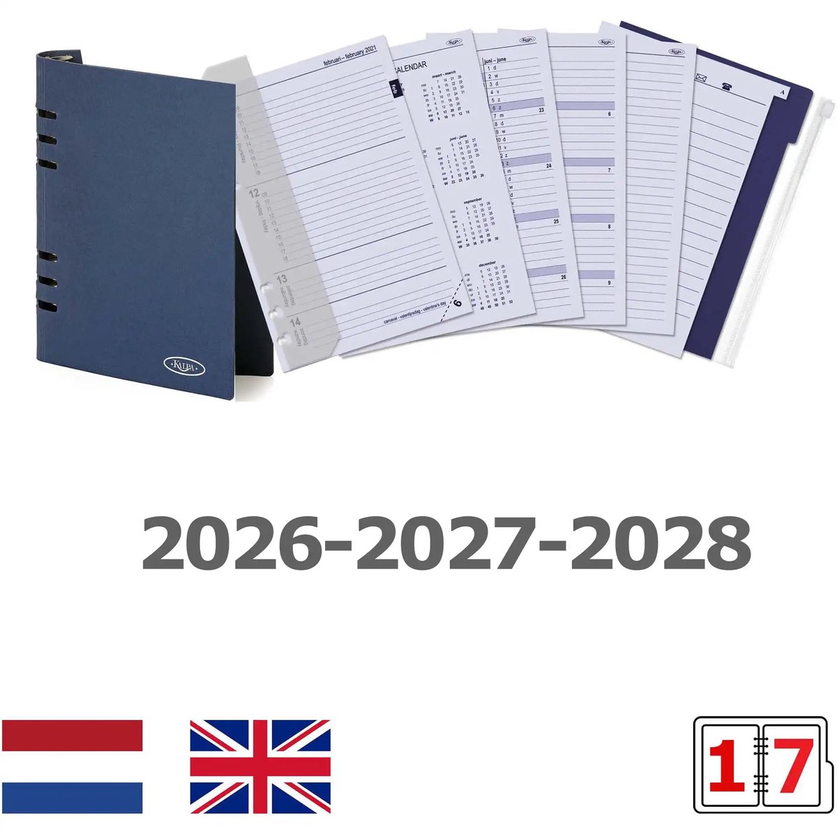 Kalpa 6406-26-27-28 210 x 144 mm A5 Bindmiddel Vulling 1 Week per 2 Paginas EN DE FR NL (een beetje roest op de ringband!) + opbergmap 2026 2027 2028