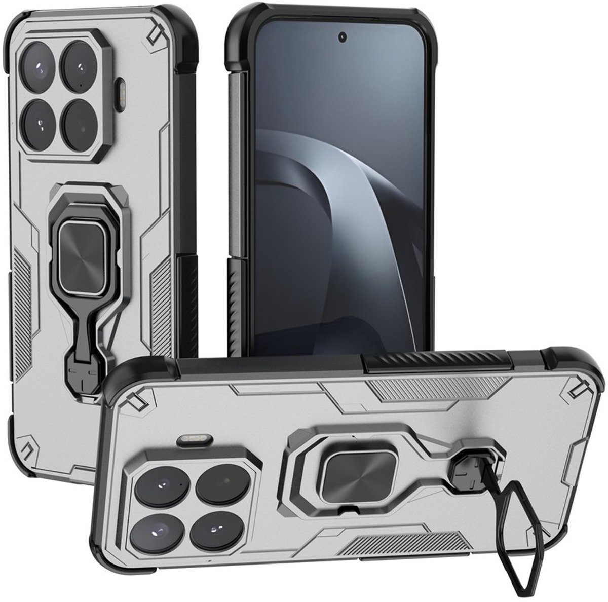 MobyDefend Hoesje - Geschikt voor Xiaomi 17T Pro - Dubbelgelaagde Pantsercase Met Standaard - Zilvergrijs