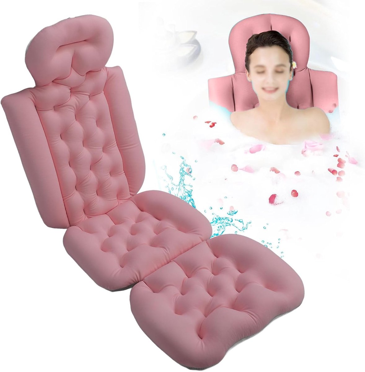 SnelShoppen - Full Body Badkussen en Mat met Sterke Zuigcups, Hoofdkussen voor Bad, Nek en Rug Ondersteuning, Antislip Badmat (Rozen)