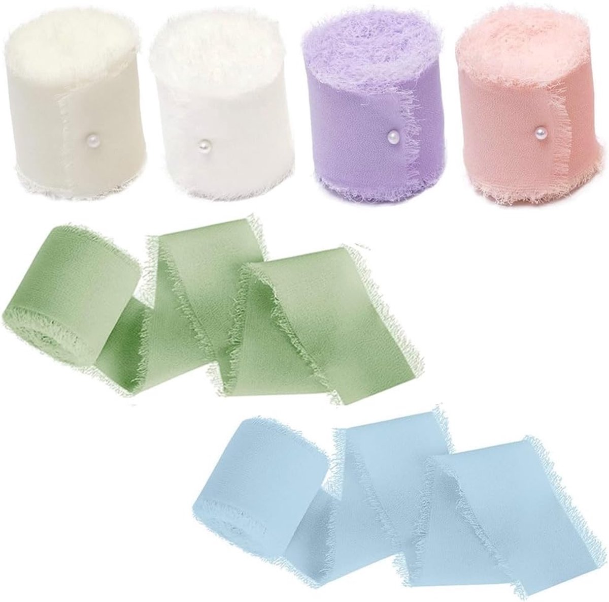 SnelShoppen - Chiffon Ribbons Set van 6 Stuks, Handgemaakte Zijde Chiffon Ribbons in Diverse Kleuren en Lengtes voor Bruiloft Decoratie, Uitnodigingen