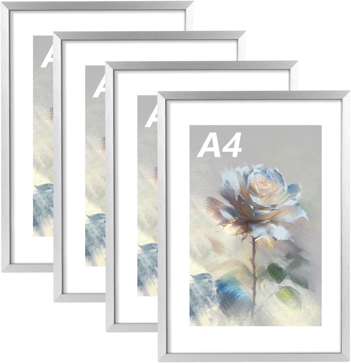 SnelShoppen - Set van 4 A4 Fotolijsten Zilver 21x30 cm - Perfect voor Foto's, Posters en Puzzels - Muurdecoratie voor Thuis of Kantoor